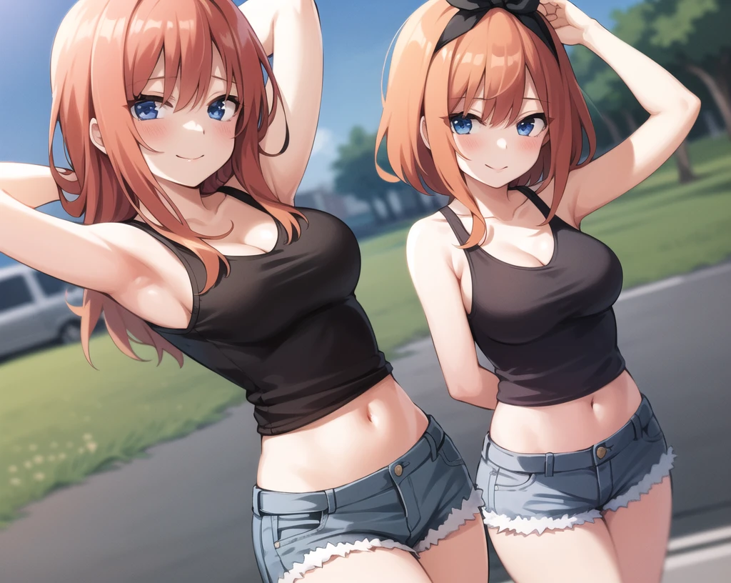 realistic image, detailed image, coherent image, 1 beautiful girl, she has shoulder length hair with blunt bangs, red hair, red eyes, smiling expression. She is wearing a strapless top, showing her navel, a thin thong, a pleated miniskirt, sneakers, She has a curvy body, small breasts and thick thighs, She is crawling, arching her back, doggy style, background of an urban park, surrounded by flowers, flower petals falling around, Soft focus, full body view, Dramatic shadows, Volumetric lighting, natural lighting,arima_kana, short hair