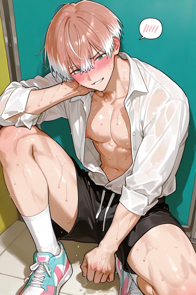 1boy,solo,twink,white hair,pink sweatshirt,clothes lift,navel,pubic hair,hallway,male focus,penis,flaccid,precum,locker<lora:male2.5DStyle:0.8>,