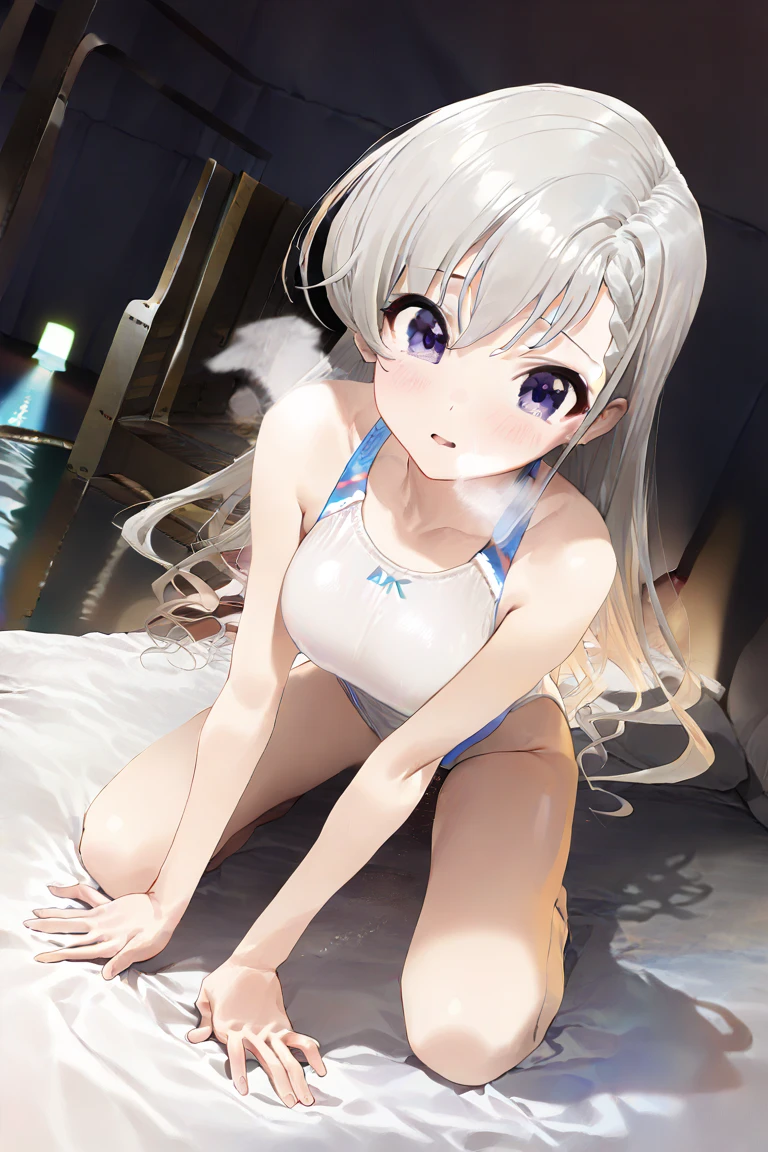 (((masterpiece))),(((best quality))),(ultra-detailed,high resolution:1.2),(illustration),((an extremely delicate and beautiful)),(detailed background), POV, (lying on back),from above floor,((vaginal,sex)), (missionary position), ((((wrestling ring)))), ((1petit girl)and(3boys)), multiple boys, hetero, ((((1petit girl,short stature)))),((((miyako(swimsuit)/(blue archive/)))),official style, (slender body:1.4), (long hair,ponytail),white hair,bangs, purple eyes, (small breasts), covered navel, collarbone, pale skin,shiny skin, ((She wears one piece swimsuit,frilly swimsuit, hair ribbon)), (cum on clothes,cum on body,excessive cum:1.4),cum facial,bukkake,cum on hair,cum on pussy, clothing aside, clothed, (3boys,tall stature:1.4), large penis, text,