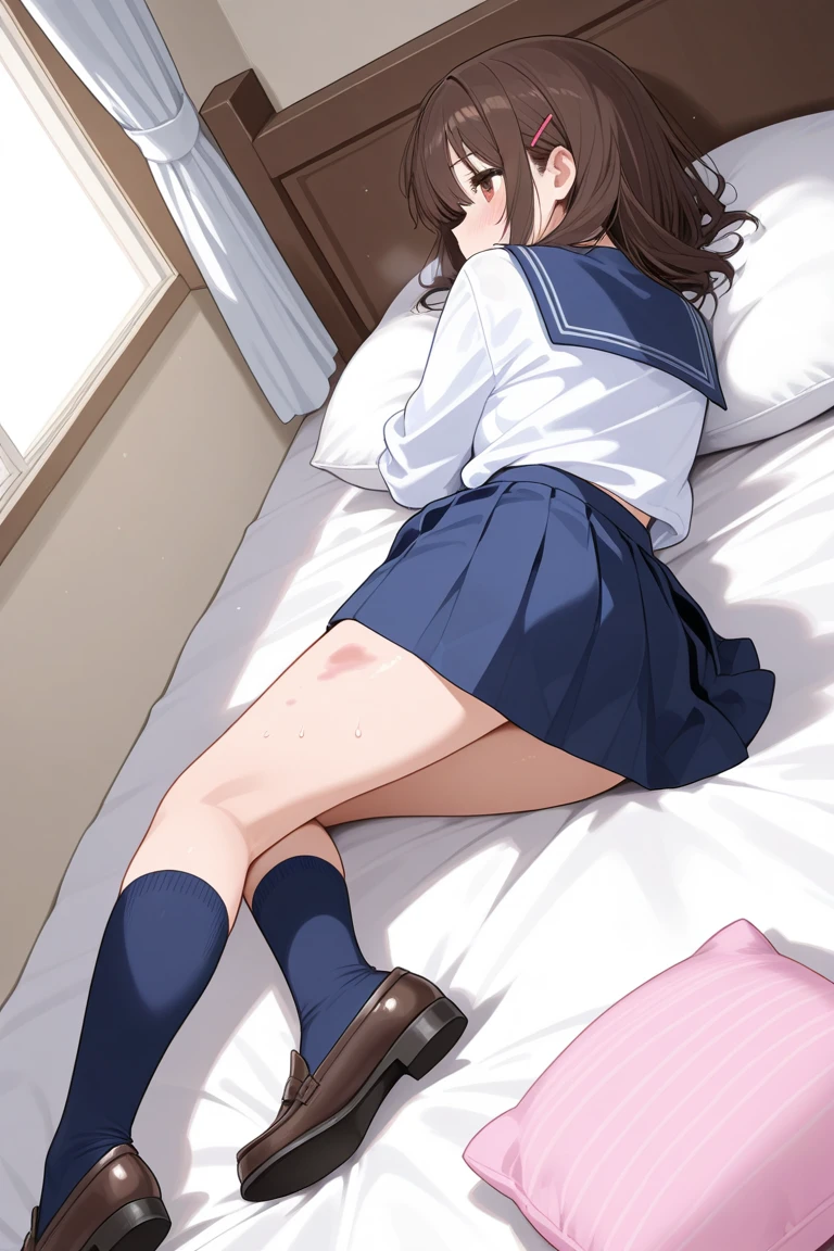 From above、(high school girl)、(huge ass:1.4)、(Student sailor suit and skirt)、(Brown Bob Hair:1.1)、Brown eyes、Ahoge、Pantieoaning with an ahegao face)、bed、Lift your butt、(Have penis and vaginal sex)