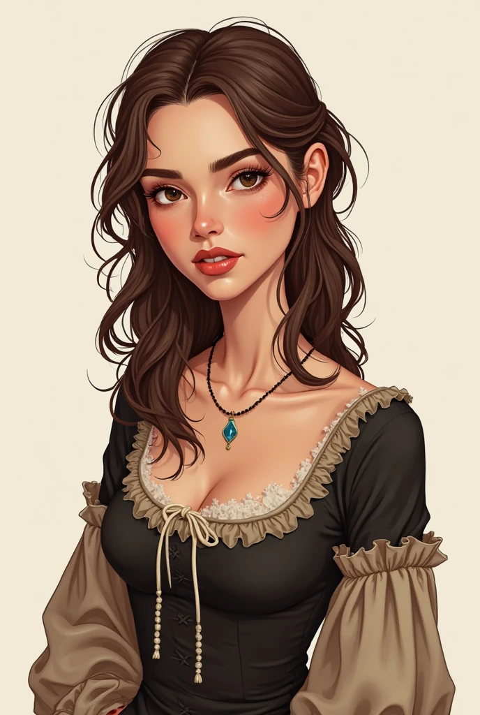 yiffymix illustration, black haired woman with dark brown eyes, beautiful, serious and confident expression, dressed in Victorian attire with a beautiful wine-colored dress, over her image a text box that says "rigor and affection"
