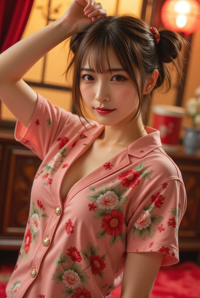 cute 21 year old japanese、super detailed face、Attention to detail、double eyelid、Beautiful thin nose、Sharp focus:1.2、Beauty:1.4、(bright brown hair、short cut hair、white skin、highest quality、bright、masterpiece、ultra high resolution、(realism:1.4)、hostel、yukata、on the futon、Bedroom、B cup breasts、