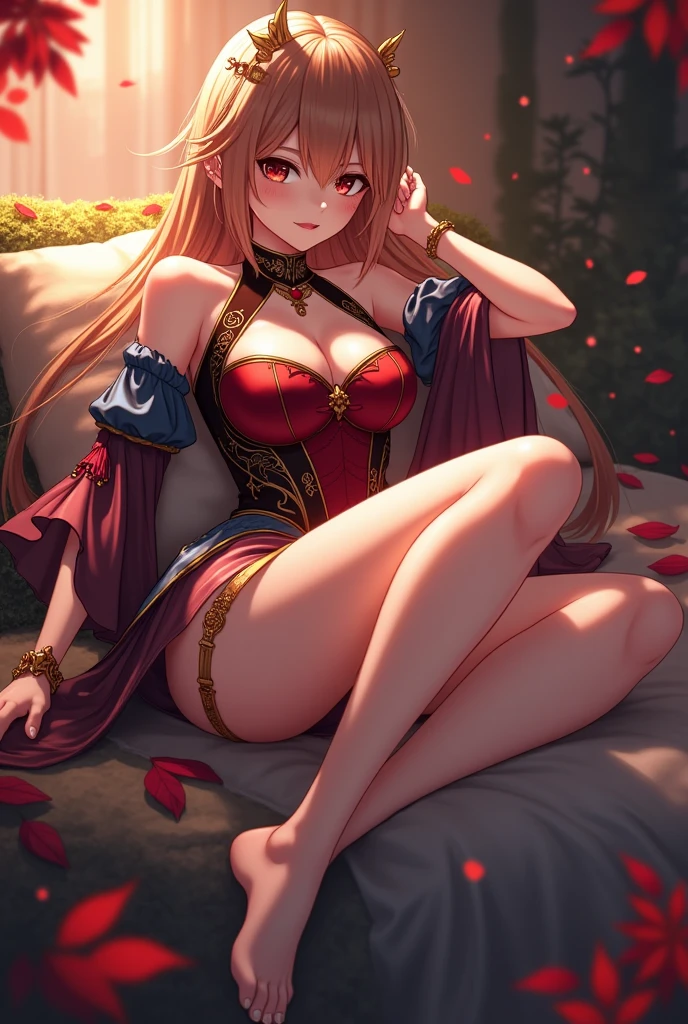 best quality、Photoreal、Super fine illustration、beautiful and charming anime girl、Eris Greyrat、Red hair、red eye、Ahoge,(serious expression、close your mouth)、(tall、slim body、small breasts、firm round chest,(Hairstyle Long Straight))、The only girl、girl pictures、With Arabic background、Arabian dancer、Belly dance、 Wear a tie-side bikini、Attractive mouth、Makeup、impressive red lips,