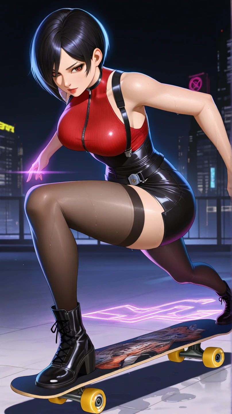 highest quality、Nice sexy body、One Woman、solo、(Beautiful busty woman:1.5)、Medium hair woman、((Woman with dark red hair))、Race Queen、Campaign girl、A woman wearing a black and purple patent leather short top、A woman wearing a top with a logo、A woman wearing a black patent leather miniskirt、A woman wearing brown pantyhose、Standing woman、event venue、motor Show、smile、Sexy pose