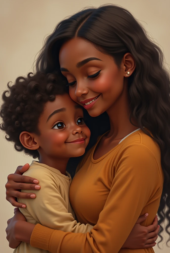 A boy with dark skin, brown eyes, tall, with very short, almost shaved black hair , hugging a tall brown eyed woman with long curly dark brown hair and lighter ends