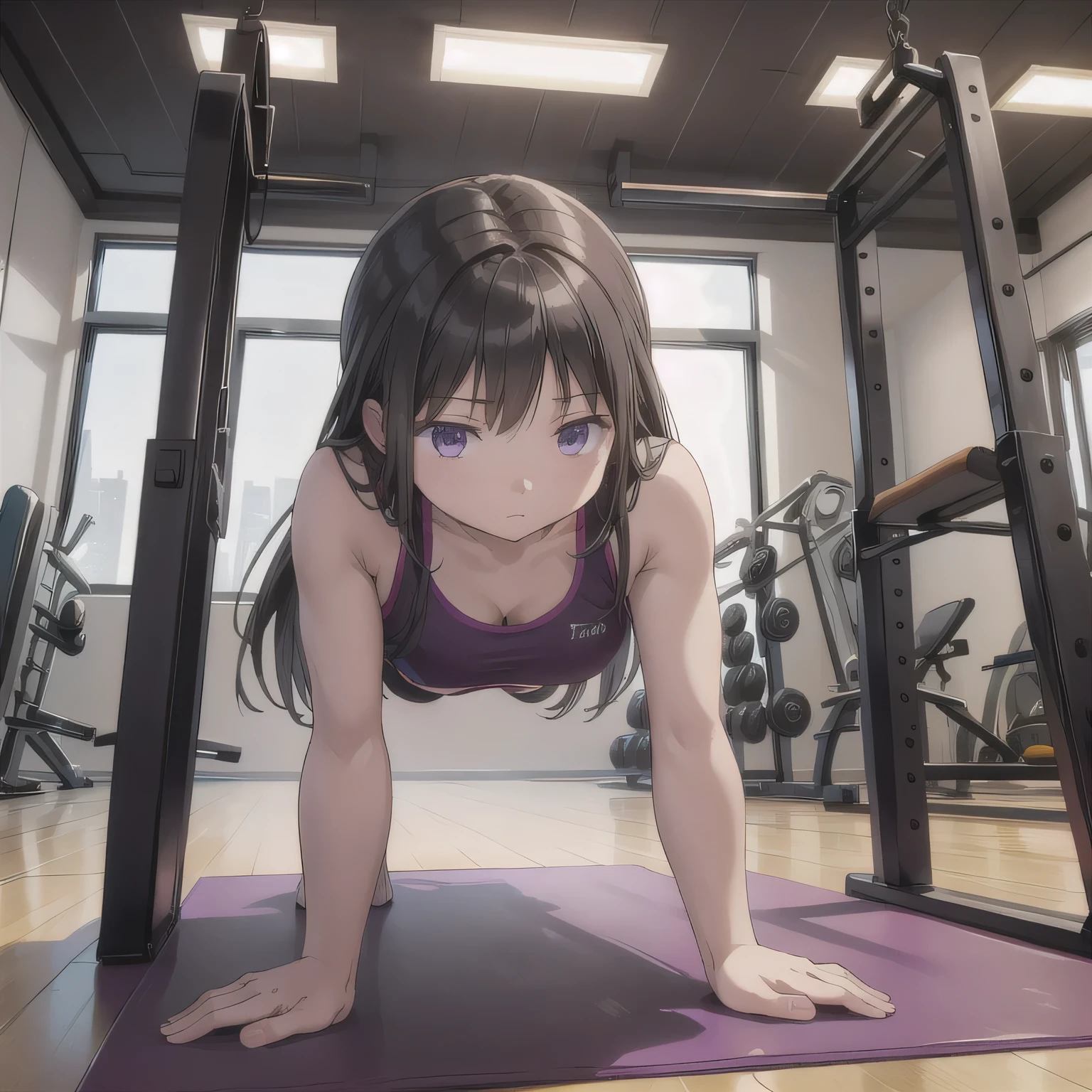 A person doing a plank exercise on a mat in a fitness gym, minimal equipment, bright interior. Long hair, dark hair, purple eyes.