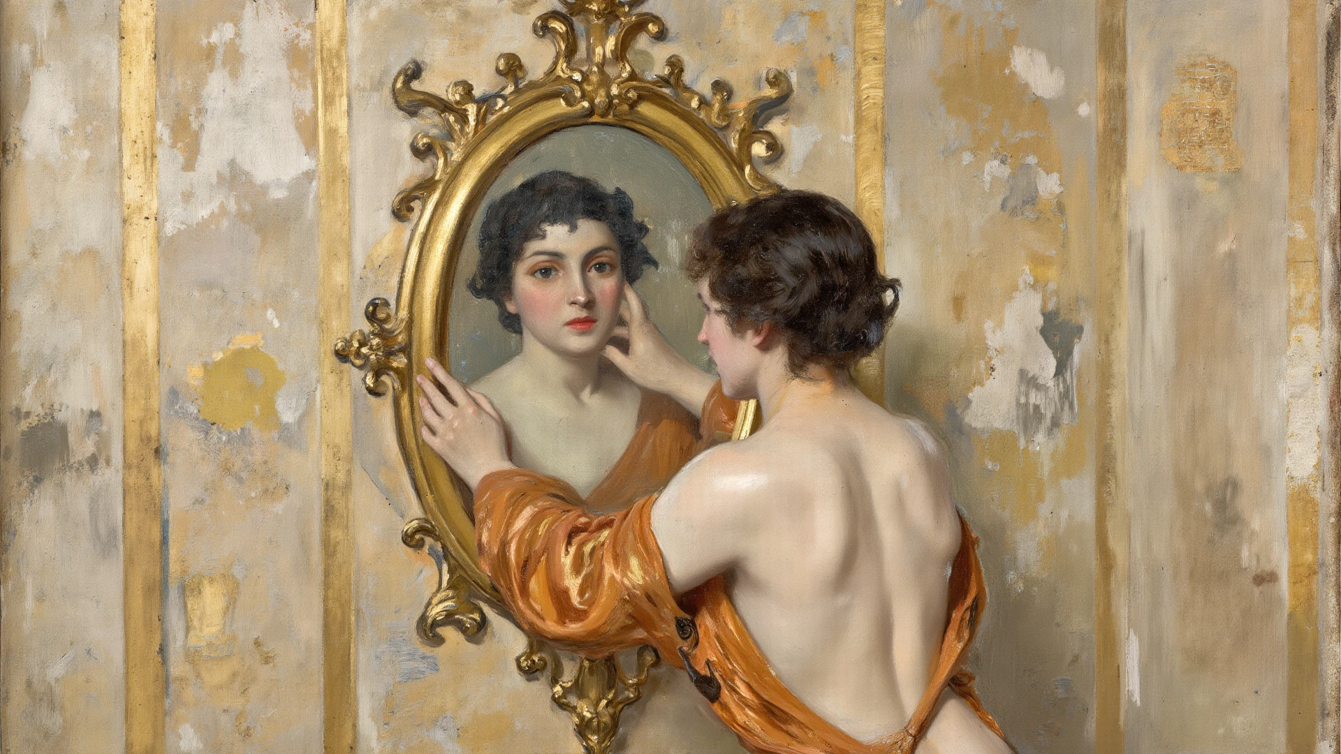 portrait of a woman in front of a mirror in a bathroom, mirror in background: : hi-fructose, fantasy, intricate, elegant, highly detailed, digital painting, artstation, concept art, smooth, sharp focus, illustration, donato giancola, joseph christian leyendecker