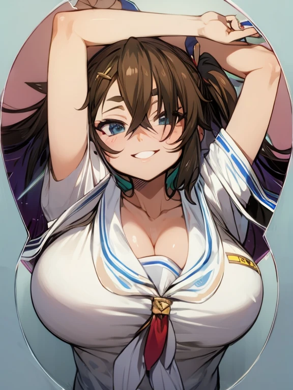 flat chest, from front,presenting_breasts, breast_focus, woman_focus, BreastLift,
sumbeatrix, ponytail, blue bikini, side-tie bikini bottom, hair ornament, wrist cuffs, thigh strap
,{{{medium breast}}},
indoor locker room
,nipple_out,show off nipples, focus on nipple,
,BREAK,
from front, upper body,(((from front))),
{{{troubled face:2.0}}}, troubled face,smile, open mouth, looking down at viewer