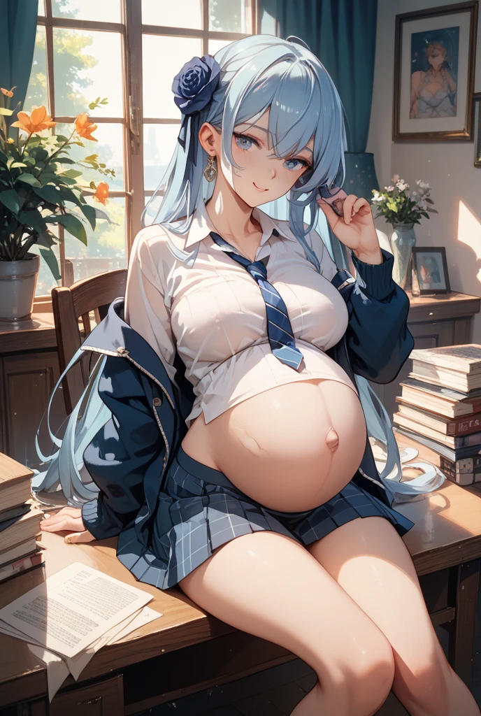 hoshino (blue archive) A girl with long hair and uniform, , , lolicon, looking at the camera, I'm dear, blushful, smallbreast, average pregnant, hands behind the back, class room, best qualityer, high qualiy,