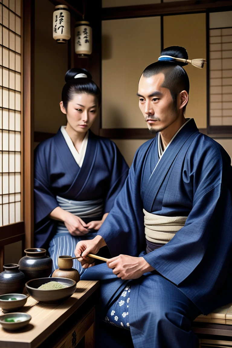 Kuroda Kanbei discussing the plan to make Hashiba Hidetoshi the adopted son of Mori Terumoto, with a scheming look on his face, digital art