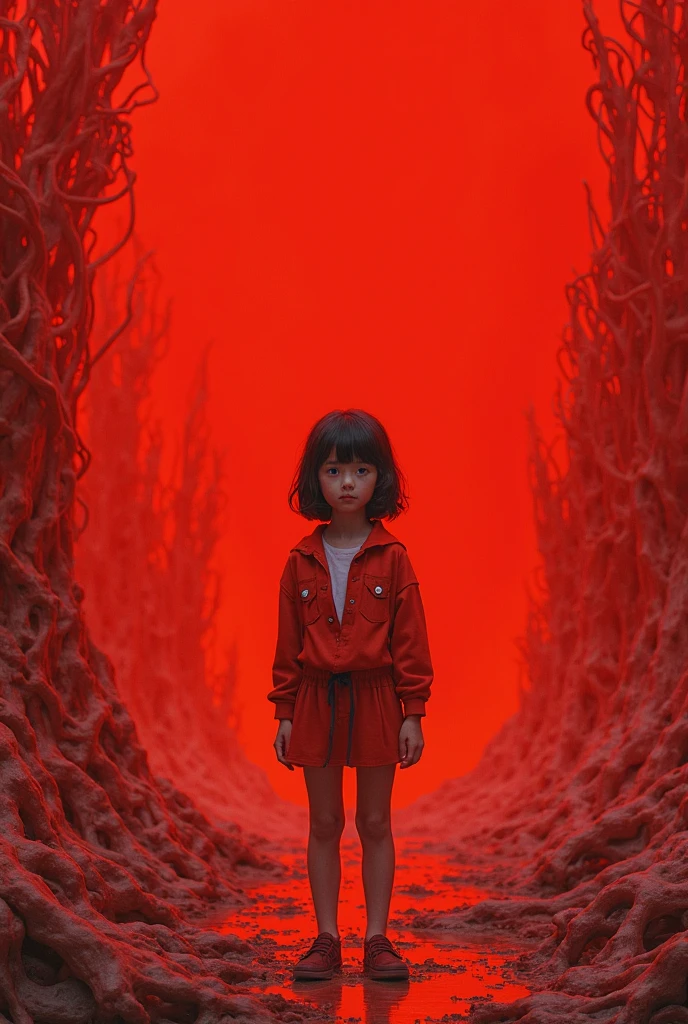 In a very narrow circular cave, The cave walls were made of wavy red jelly with vein-like patterns. , There is a large eye on the ceiling of the cave. :: There was a young Japanese woman with short black hair and wearing an office uniform. Wear a short skirt Wear long black socks, She curled up like a fetus.,Her hands held her own.
