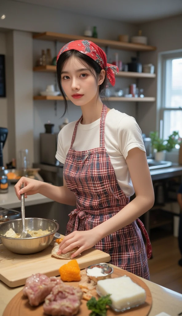 (((best quality))),(((ultra detailed))),(((masterpiece))),illustration,1girl,beautiful,young,girl,apron,slaughterhouse,workshop,freshly butchered pork,brightly colored apron,determination,fair skin,deep green eyes,mischief,carcasses,smile,meat,stains,smears,blood,guts,charm,sea of pork,meat smell,disinfectant,blood scent,grime,harsh lighting,shadows,gritty environment,center of attention,strength,perseverance