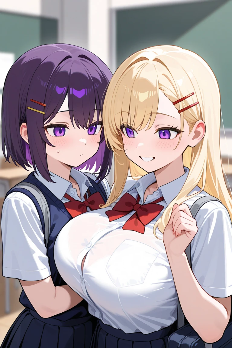 Lesbian (very long loose yellow hair)(big breasts, big thighs)(with  clothes it is very tight) that he is kissing at school with his girlfriend,(big breasts, big thighs)lesbian love