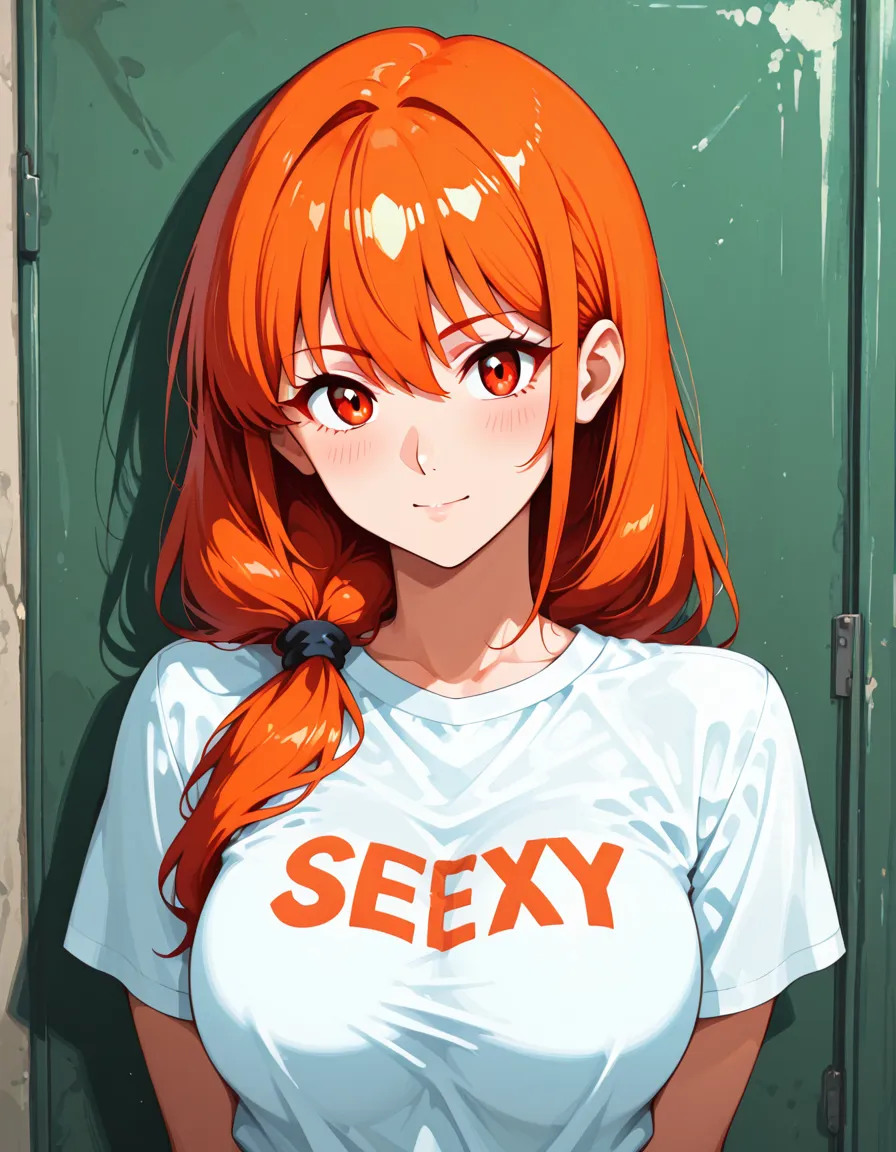 1 girl, single girl, cute, long orange hair, light blue eyes, big breasts, big hips, tight tank top, strappy t-shirt, sleep shorts