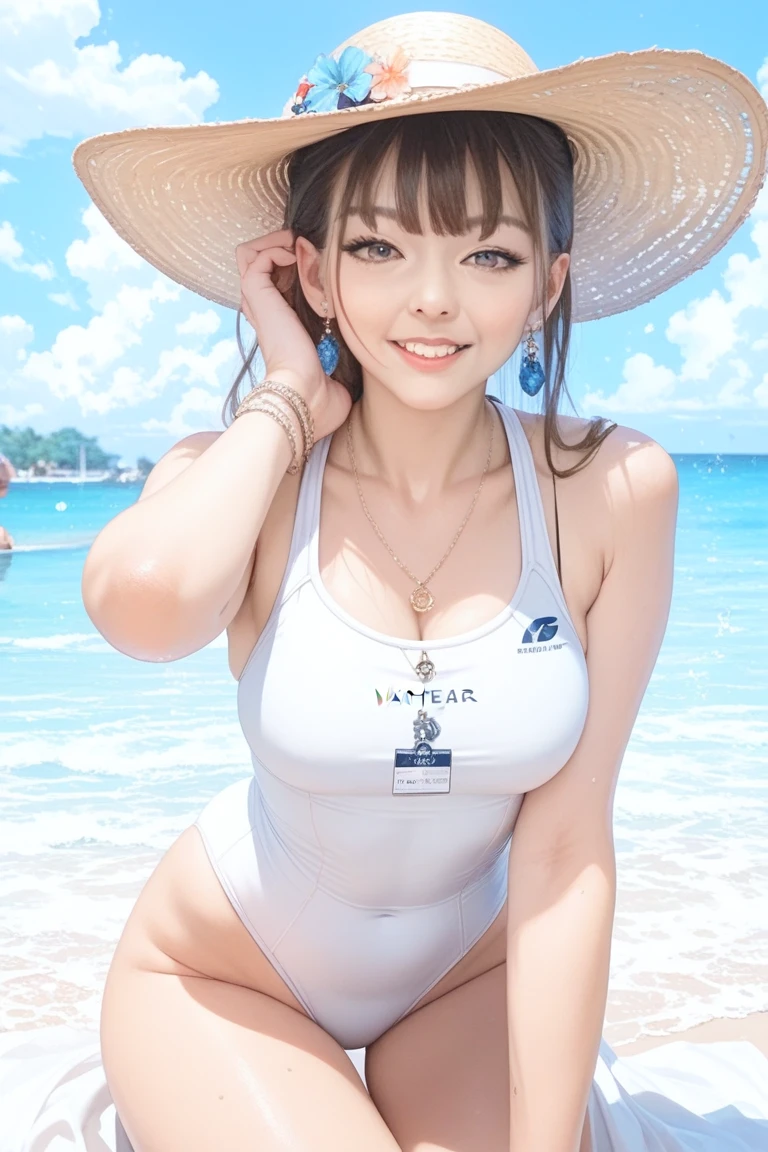 in 8K、超A high resolution、Best Quality、masutepiece、The ultra -The high-definition(quite massive chest、Hide all cleavage:1.3)(High Leg Swim Racing Suit、Competitive swimsuit :1.28)(Hawaii Beaches1.3) (Black hair long straight hair、A Japanese Lady、adult lady、年轻、long legged、Realistic face、Big dark eyes、Charming smile、Dimples、drooing eyes、Crisp double eyelids、a small face、ighly detailed:1.15)