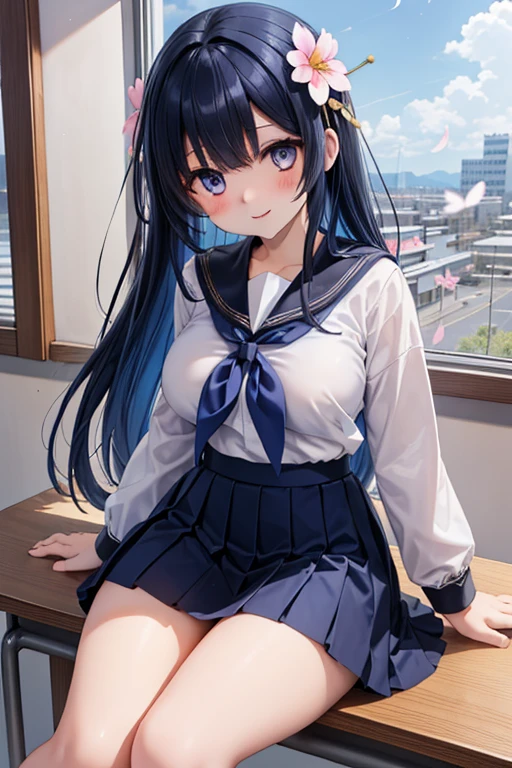 (((Spread your legs)))、Uniform Blazer、Beautiful beauty、Long blue hair、((whole body))、(((Photo taken from below)))、school gate、Big Breastini skirt、Panties are white lace、Japanese、tall、Twin tail hairstyle