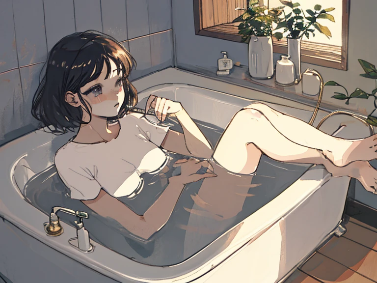 realistic, chubby girl, naked, ssr, uxury bathroom, sit on bathtub, view from front, reflection, rim lighting