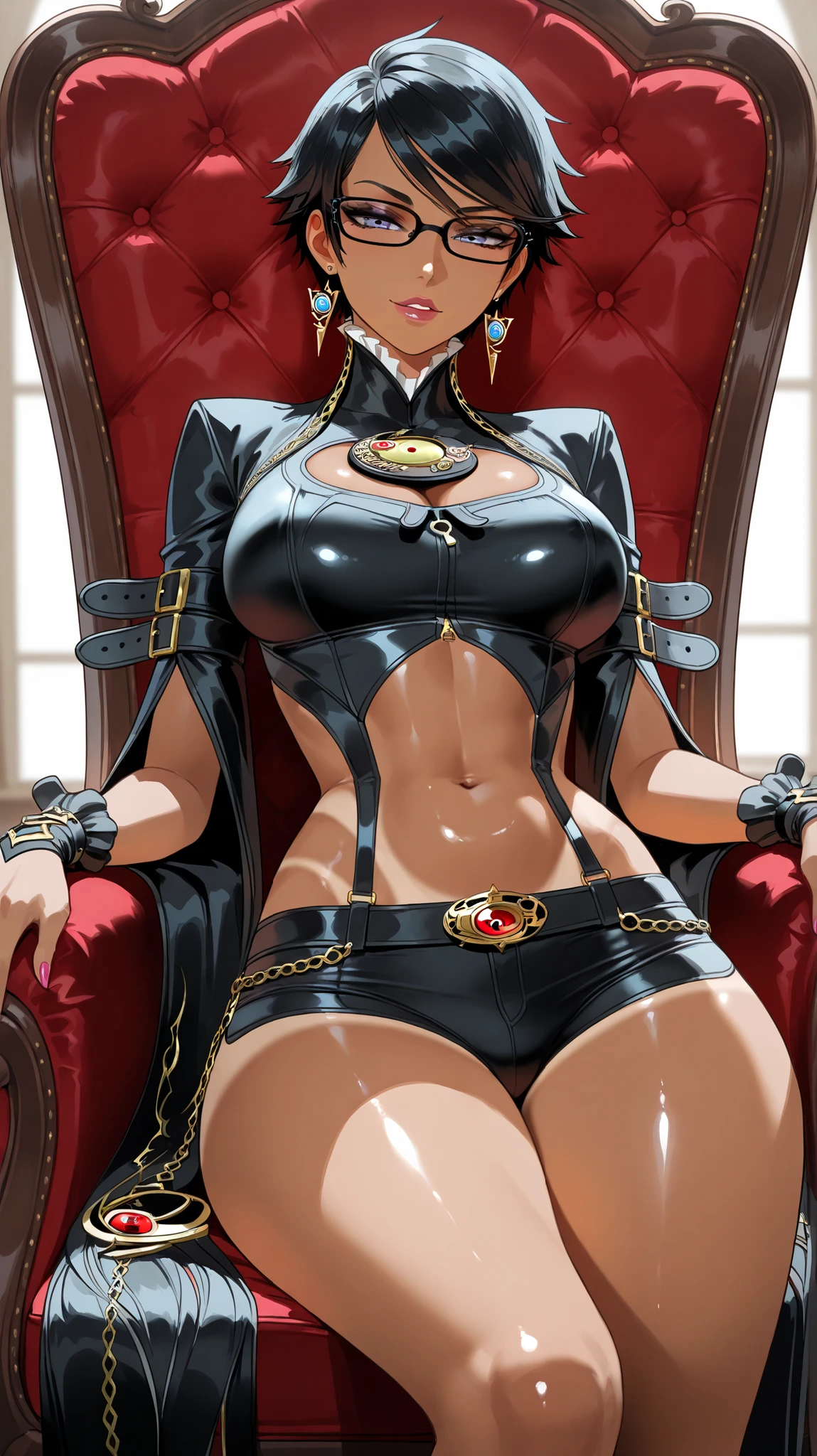 ultra-realistic 8k CG, masterpiece, ((ultra detailed background, fine drawing, intricate details, high detail, better quality fine details, hyper-detailed face)), (photorealistic: 1.4), beautiful lighting, absurdity, RAW photo, film grain, Azula, 1girl, smirk, solo, black hair, brown eyes, makeup, lipstick, red lips, single hair bun, navel, side strands, hair decoration, ((medium breasts, slim girl)), ((unbuttoned kimono)), sitting on a throne, red throne, legs spread, ((complex detailed background, inside, dim lighting, moody lighting, inside the castle, inside, medieval castle environment)), erotica