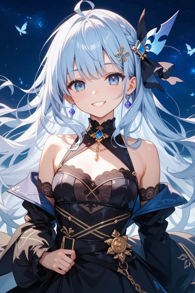 super high quality, with a girl, 20-year-old, very short hair, long bangs between the eyes, pale blue eyes , blue sky, sunlight, very detailed,(masterpiece、highest quality)、alone、gray hair、laughter、White skin as clear as snow、fantasy, silver hair, black eye, beautiful eyes,, ecstasy, charm, be smitten with audience, fantasyな風景、evening