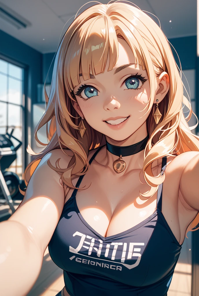 blonde girl, very beautiful, realistic, cat ear, good shape, little mischievous smile, at the gym in leggings, by rubio, takes a photo with his phone in front of a realistic mirror