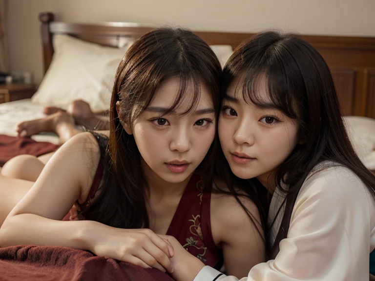 (Best-quality, Masterpiece, Ultra-High-Resolution, (Photorealistic:1.4), Raw Photo, depth of field, professional lighting, perfect anatomy, extremely details), lesbian couple, kissing each other, (girl1, 15-years-old, the most famous Japanese idol, (extremely cute face, extremely cute long-eyelashes, cute medium-short-cut-haired)), (girl2, 35-years-old, the most famous Japanese actress, (extremely beautiful face, extremely beautiful long-eyelashes, extremely beautiful lips, beautiful long-hair)), (((In dark bedroom))), both closed-eyes, both filled with happiness, both wearing matching pajamas, extremely romantic mood