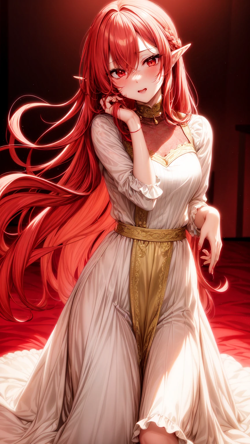 lexiavonarselia, lexia von arselia, long hair, blonde hair, (green eyes:1.5), ponytail, pink hair, (((big breast))), large breast, BREAK dress, bare shoulders, detached sleeves, white dress, BREAK looking at viewer, full body, (masterpiece:1.2), best quality, high resolution, unity 8k wallpaper, (illustration:0.8), (beautiful detailed eyes:1.6), extremely detailed face, perfect lighting, extremely detailed CG, (perfect hands, perfect anatomy),