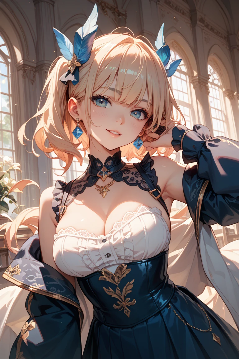 ((Barbara_Genshin Impact)):1.5,((masterpiece:1.5, Highest quality, Highly detailed images, Beautiful images)). (Barbara images, Hanging Garden、Bright natural light throughout、Backlight、A fantastic atmosphere、Dust flutters、background:ruins), (Barbaraの全身像、from side)、(Beautiful Eyes:1.68、Mid-chest、Great cleavage), (smile、Wink、Close one eye、Sitting in a chair)