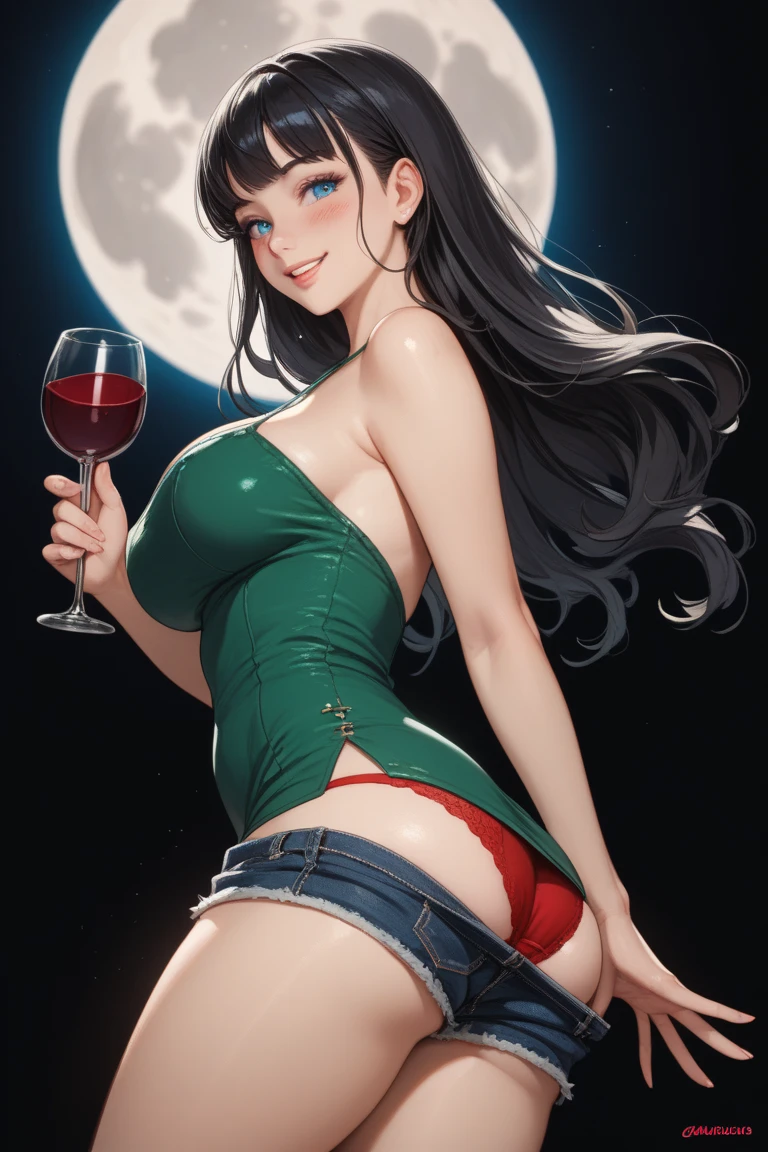 Anime style, women of iran ,without clothes , long Tshirt, tits  standing out from under clothing,huge-breasted,night, Full Moon , ponytail  hair, ironed hair, illustration drawing body, sweet smile ,high detailed, high quality, ultra HD, smooth, shiny body, glowing Big eyes, cinematic picture,