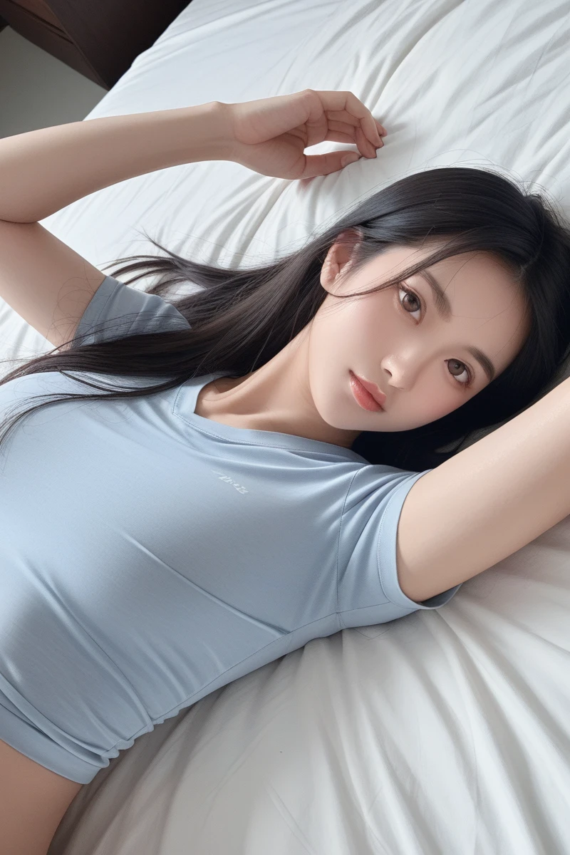 best quality, masterpiece, high_res, 1girl, Beautiful face, (photo realistic:1.3), rim lighting, (high detailed skin:1.2), 8k uhd, dslr, high quality, high resolution, 4k, 8k, Bokeh, medium breasts, absurdres, ponytail contorted, best ratio four finger and one thumb, drenched shirt, drenched chest, drenched body, soaked shirt, no bra, (realistic:1.2), white gym uniform, backlighting, highly detailed, lying, from above,