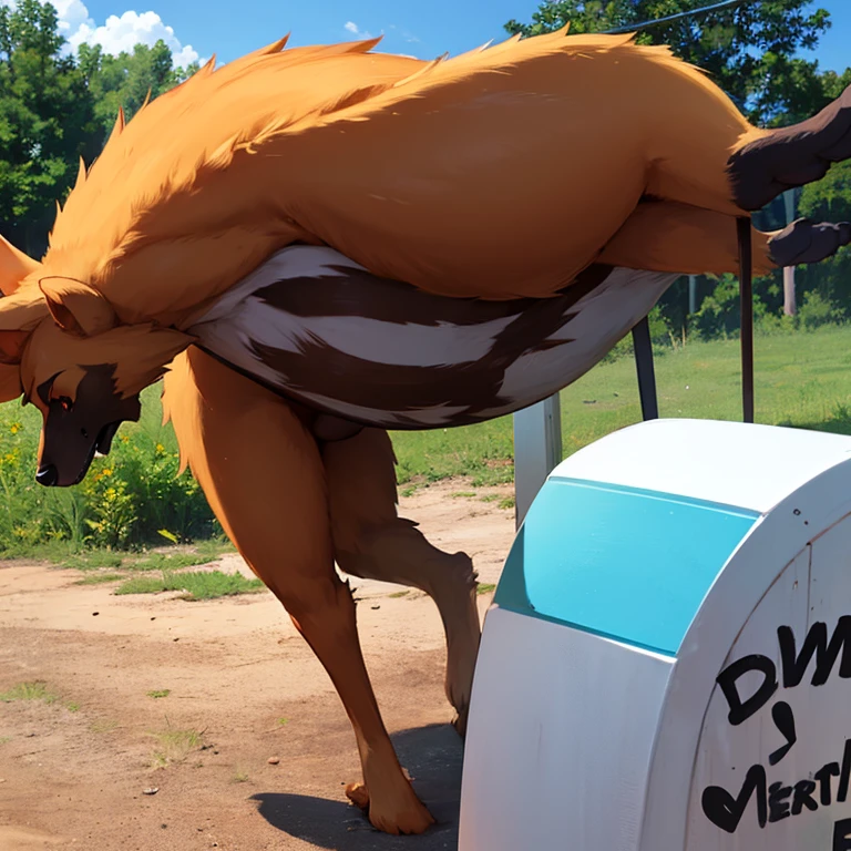 (duo:1.2), ((((husky dog, orange cat, feral)))), standing on all fours, public park, masterpiece, high quality, realistic, detailed background, ((((butt shot, anal)))), ((((inflation, excessive feces, hyper penis, penisbiggerthanbody))))