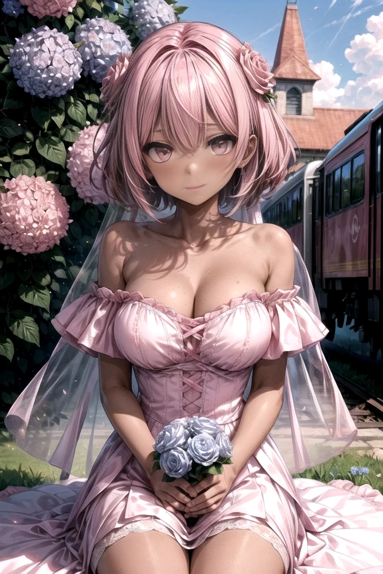 ((Highest quality, 8k, masterpiece :1.3)), (Sharp focus :1.2, Beautiful woman with perfect figure :1.4, Slim Abs), ((Big Breasts, Emphasize cleavage:1.2)), (Photorealistic:1.4), (realistic:1.4), (Pink Hair:1.5), Highly detailed face and skin texture, Fine grain, double eyelid. Makeup face, A little bit of lipstick, ??? appeal, Sexy gravure pose, ((A beautiful woman in a white lace dress、On a balcony overlooking the Colosseum in Rome、Sexy pose with legs showing against a historical background。:1.3))