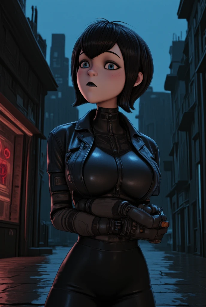 Jade, short black hair, brown eyes, , upper body, smiling,  hands on hips, 
JaBSuit, black fingerless gloves, (black bodysuit), black belt, straps,
 cartoon Hong Kong,  mature,  nighttime, 
 (insanely detailed, beautiful detailed face, masterpiece, best quality) cinematic lighting, anime, 
 <lora:Jade-10v2:0.8>