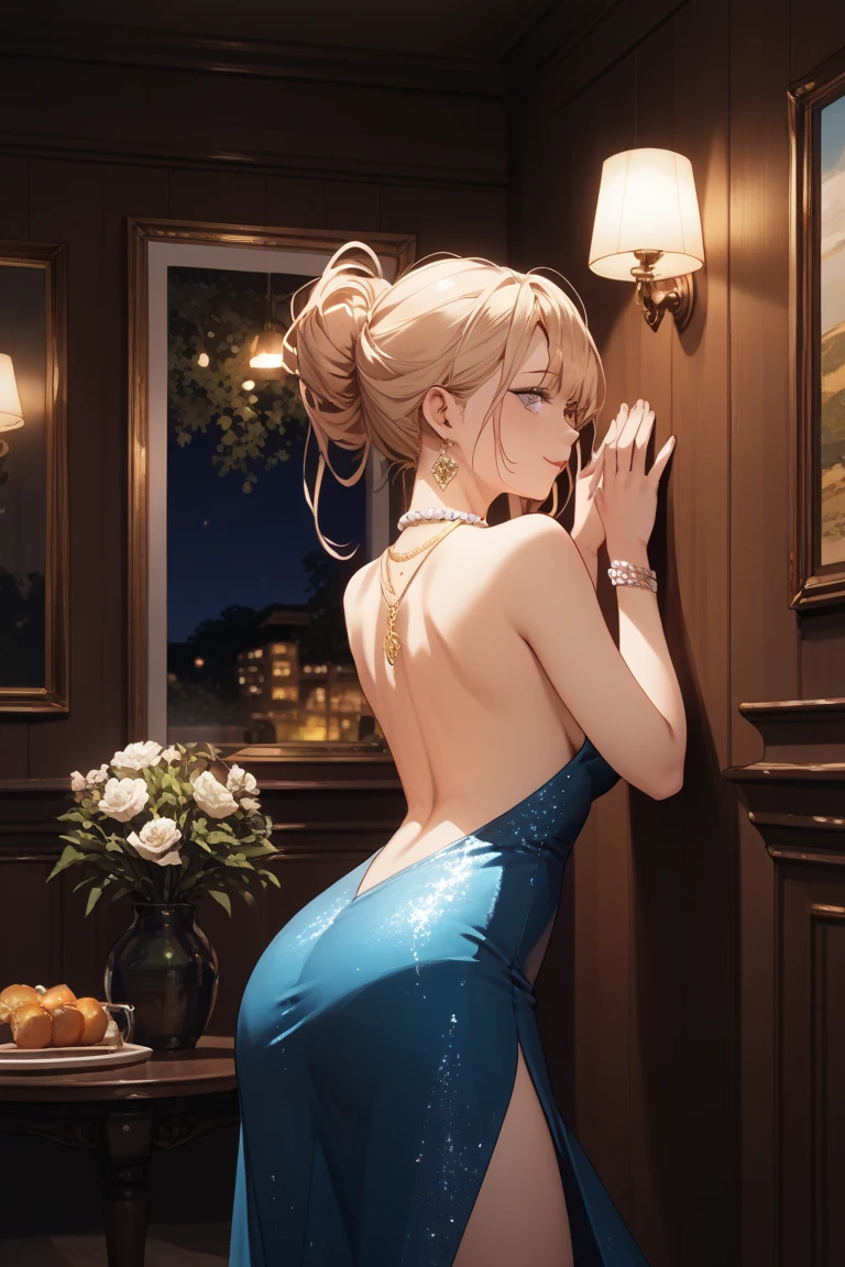 (masterpiece)、(absurdres)、(ultra detailed)、(8k)、solo woman:1.1、big breast:0.9,french braid、yellow long hair:1.1、green eye、hair between eyes、from behind,BREAK,(Emerald-green maxi dress),BREAK,happy,Starry Sky、nebula、Balcony with a medieval view、