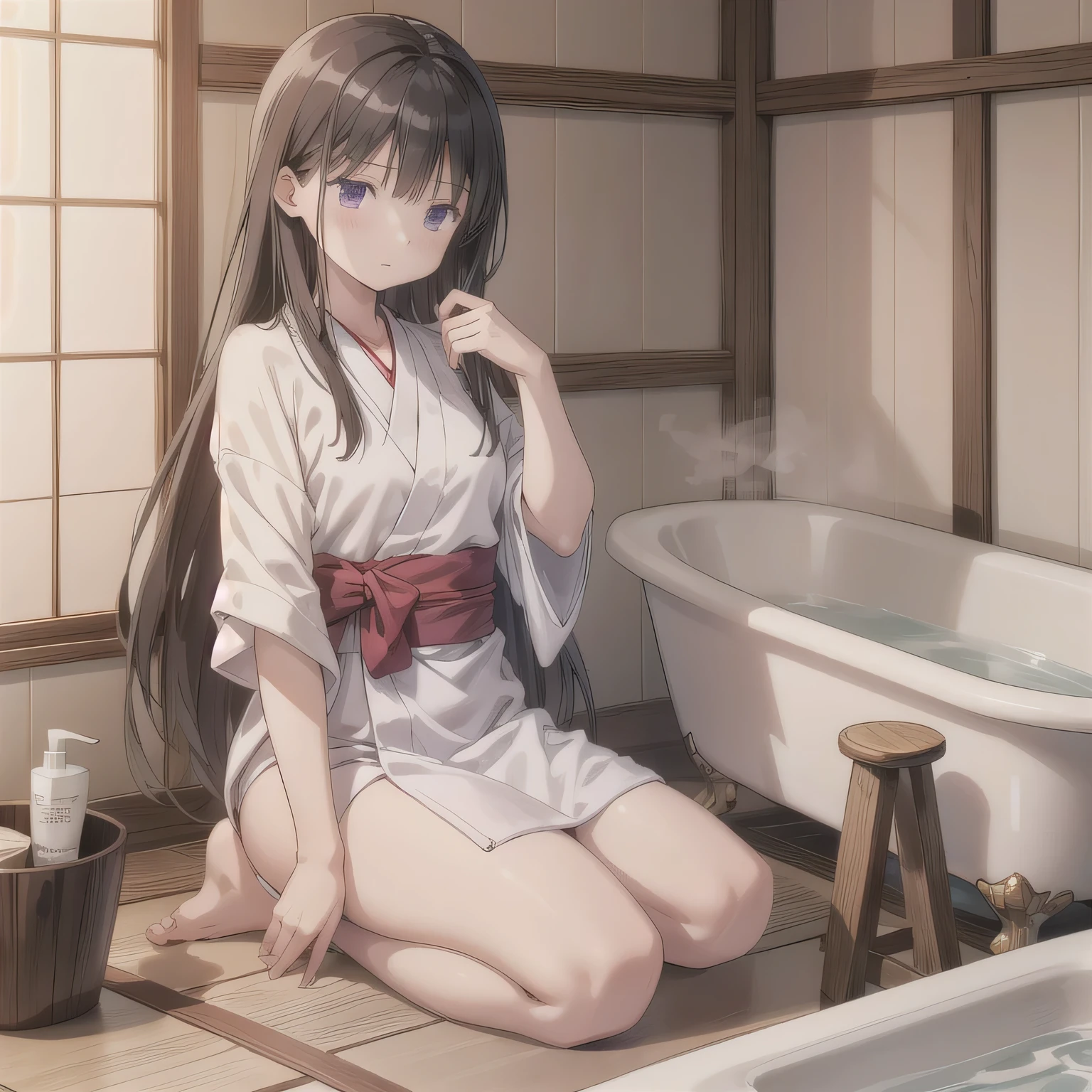 A beautiful woman in a A narrow, compact Japanese bathroom, with tiled walls, a small bathtub, and a wooden stool beside it. Steam fills the room., sitting in seiza style , politely waiting to greet someone.The character is wrapped in a towel around the body. Long hair, dark hair, purple eyes.