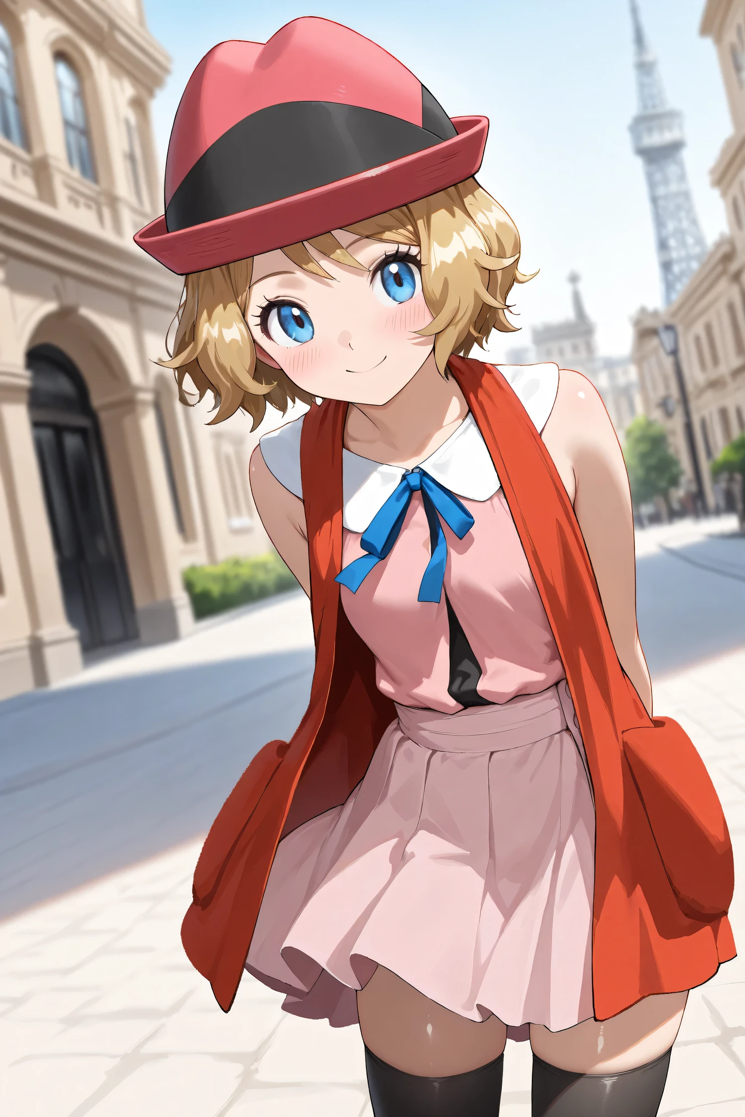 (Masterpiece), (Highest quality), (Very detailed),
(The best shape), (Best Shadow), (Absurd),
(Detailed background), (So beautiful), (Shiny),
(Extraordinary), (Countershading), (8k), (32K),
(High resolution), (Very Detailed CG), (UHD),
(Score_9), (Score_8_up), (Score_7_up), (Source_anime),
(Pastel painting:1.2), (Watercolor painting:1.2),
(Masterpiece, Detailed:1.2), (Foreshortening:1.2),
(Anime style),
(Cinematic), (Dramatic), (Depth of field:1.4),
(Blurry background:1.4), (Realistic background:1.4),
(Dynamic angle), (1 girl),
(Outdoor), (Wind), (Paris),
(cowboy shot), (Focus on face), (Close up shot),
(Blush:1.3), (Happy), (Smile),
(Arms behind back),
(Shiny skin),
serena \(pokemon\), 1girl, blue eyes, eyelashes, short hair, blonde hair,
hat, neck ribbon, blue ribbon, pink shirt, sleeveless, bare arms, red jacket, pink skirt, black thighhighs, boots,