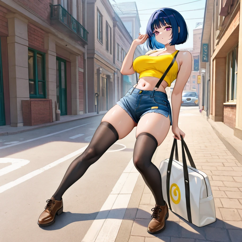 anime screencap, city, 1girl, solo, short hair, black hair, purple eyes, looking at the viewer, hair between eyes, lustful, closed mouth, ass, wide hips, short top, short shorts, unbuttoned shorts, squatting, legs apart, erotica, back
