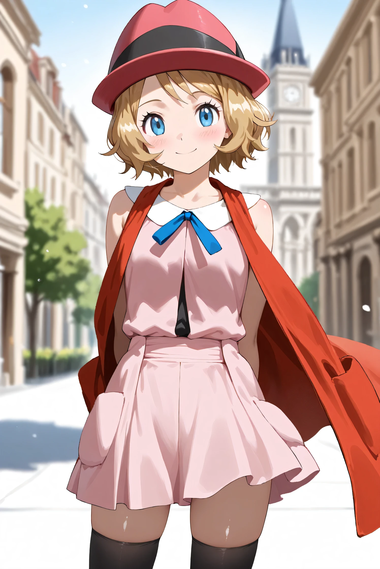 (Masterpiece), (Highest quality), (Very detailed),
(The best shape), (Best Shadow), (Absurd),
(Detailed background), (So beautiful), (Shiny),
(Extraordinary), (Countershading), (8k), (32K),
(High resolution), (Very Detailed CG), (UHD),
(Score_9), (Score_8_up), (Score_7_up), (Source_anime),
(Pastel painting:1.2), (Watercolor painting:1.2),
(Masterpiece, Detailed:1.2), (Foreshortening:1.2),
(Anime style),
(Cinematic), (Dramatic), (Depth of field:1.4),
(Blurry background:1.4), (Realistic background:1.4),
(Dynamic angle), (1 girl),
(Outdoor), (Wind), (Paris),
(cowboy shot), (Focus on face), (Close up shot),
(Blush:1.3), (Happy), (Smile),
(Arms behind back),
(Shiny skin),
serena \(pokemon\), 1girl, blue eyes, eyelashes, short hair, blonde hair,
hat, neck ribbon, blue ribbon, pink shirt, sleeveless, bare arms, red jacket, pink skirt, black thighhighs, boots,