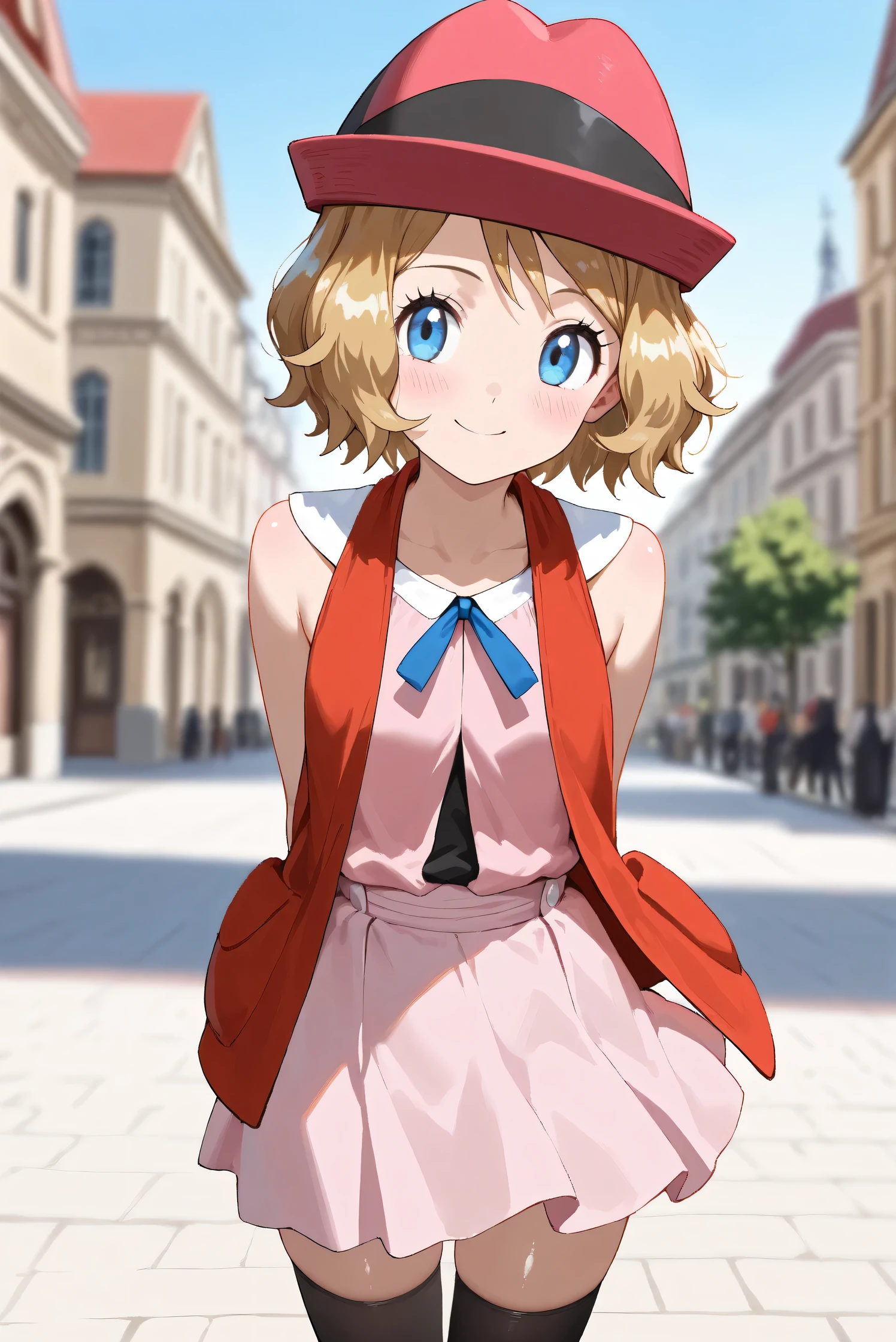 (Masterpiece), (Highest quality), (Very detailed),
(The best shape), (Best Shadow), (Absurd),
(Detailed background), (So beautiful), (Shiny),
(Extraordinary), (Countershading), (8k), (32K),
(High resolution), (Very Detailed CG), (UHD),
(Score_9), (Score_8_up), (Score_7_up), (Source_anime),
(Pastel painting:1.2), (Watercolor painting:1.2),
(Masterpiece, Detailed:1.2), (Foreshortening:1.2),
(Anime style),
(Cinematic), (Dramatic), (Depth of field:1.4),
(Blurry background:1.4), (Realistic background:1.4),
(Dynamic angle), (1 girl),
(Outdoor), (Wind), (Paris),
(cowboy shot), (Focus on face), (Close up shot),
(Blush:1.3), (Happy), (Smile),
(Arms behind back),
(Shiny skin),
serena \(pokemon\), 1girl, blue eyes, eyelashes, short hair, blonde hair,
hat, neck ribbon, blue ribbon, pink shirt, sleeveless, bare arms, red jacket, pink skirt, black thighhighs, boots,