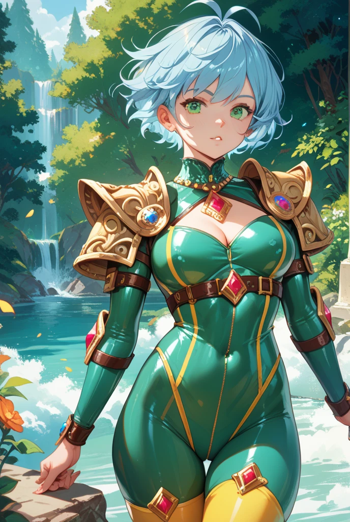 "(masterpiece:1.1), best quality, 
1girl, (80s anime style:1.3), (eyelashes:1.5), (loli:1.2), 
(intricate high detailed body:1.2), 
(green hair:1.1), (hair slicked back:1.2), (twintails, wavy hair:1.1), (headband:1.2), 
blue eyes, (red lip stick:1.3), 
(gigantic breasts:1.5), 
(happy, smile:1.2), open mouth, 
(see-through leotard armor, corset:1.2), (garter belt:1.2), 
(knight armor, armored boots:1.2), (fur:1.1), (streaked hair:1.2), sleeve, 
standing, arms behind back, 
(upper body, cowboy shot, looking at viewer, from front:1.1),
(daytime, grassland, outdoors:1.2)"