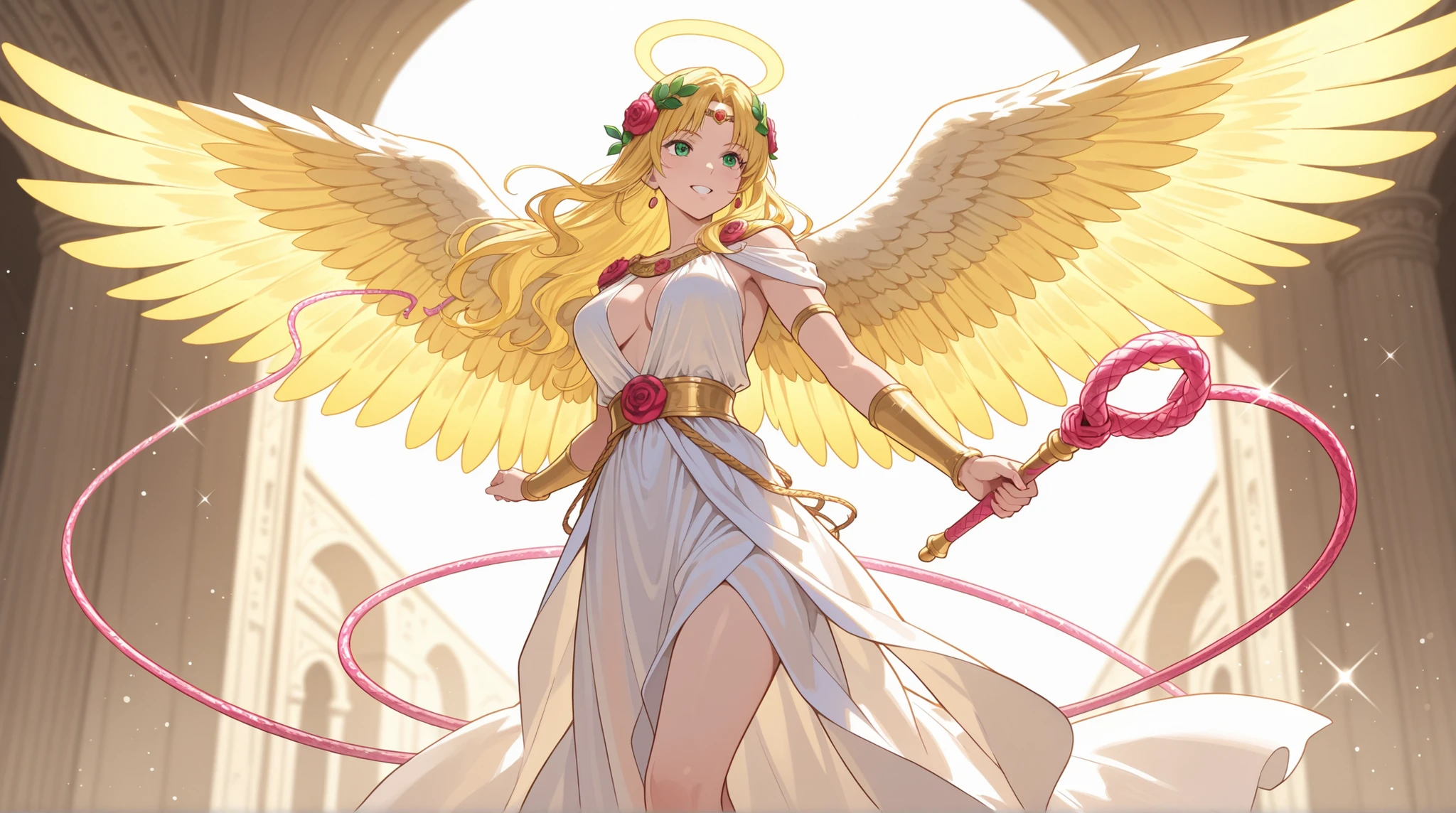 Female Angels, Ancient Roman costume, glitter rose whip, colorful angel wings, dynamic action,