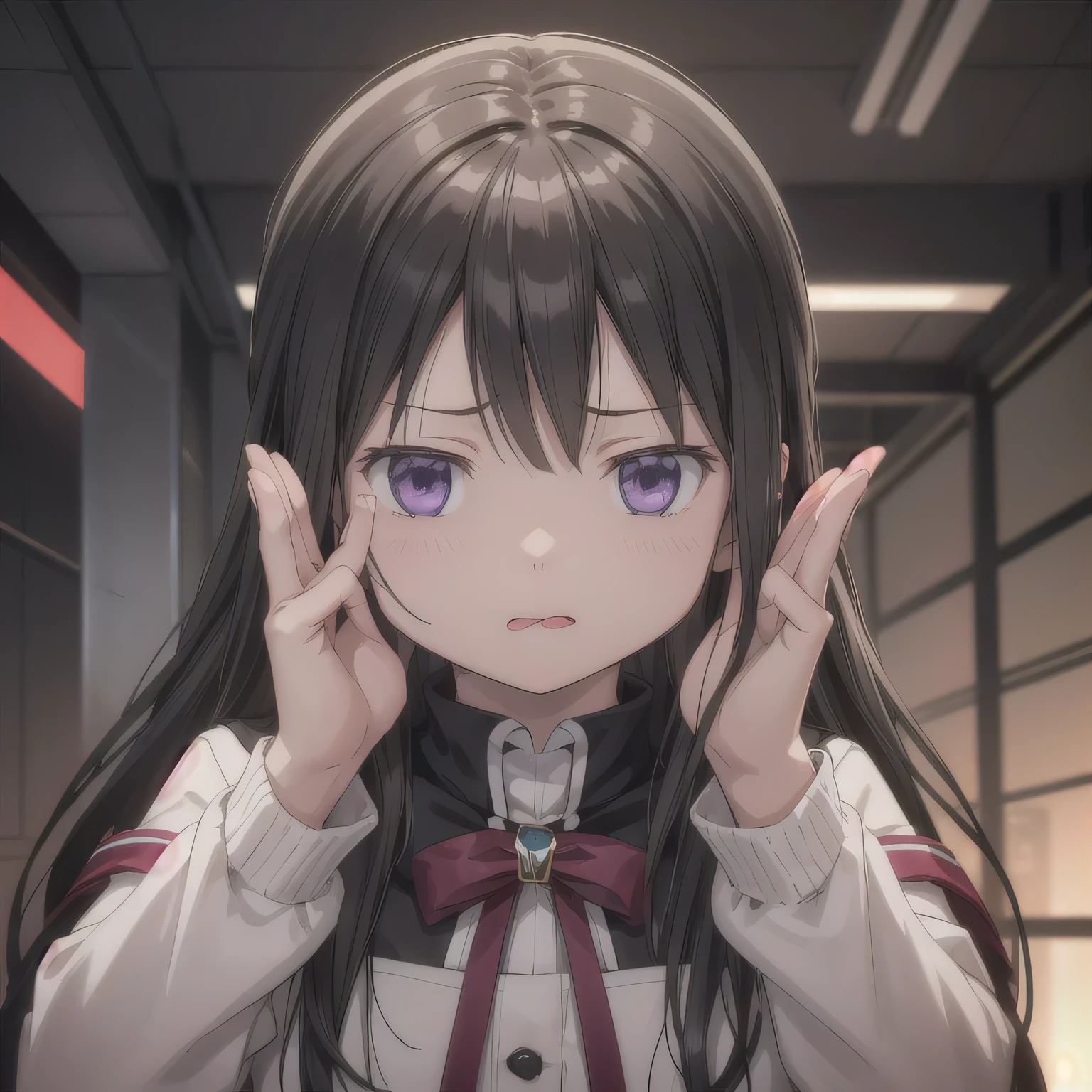 NSFW. A girl just swallowed. She shows a clear expression of discomfort and distaste, slightly sticking out her tongue as if reacting to the bitter taste. Her throat appears subtly tense, capturing the natural motion of swallowing. The atmosphere suggests the moment right after drinking, with a focus on the unpleasant expression and the realistic detail of the throat. posing with both hands raised beside her cheeks, making a peace sign, hands clearly positioned next to her face, focus on hands and gesture. Long hair, dark hair, purple eyes.