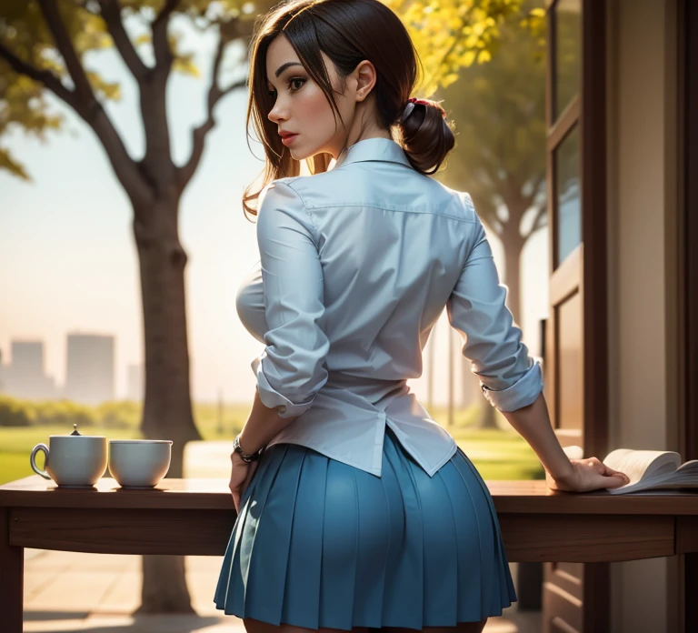 Beautiful woman, tanned skin, on all fours, long-sleeve blouse, cleavage, plaid skirt, knee high socks, loafers, messy bun, park, flowers, trees, clouds, setting sun, sexy pose