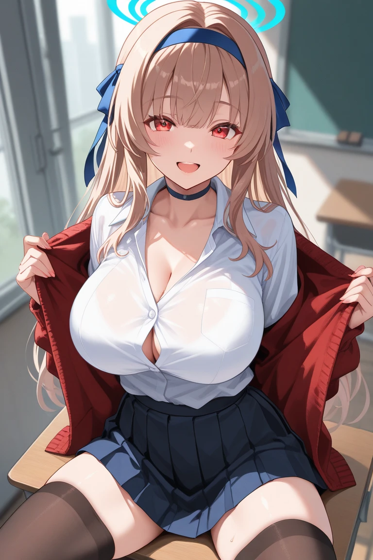 (masterpiece:1.2、highest quality、T Masterpiece)、1 female、alone、classroom、Day、stand、blonde、ponytail、red eyes、(sailor suit:1.4)、(black skin:1.4)、big breasts、pantyhose、corset、earring skirt、lipstick、very sweaty、Scrunchie、choker、blush、(put your hand inside your panties:1.4)、(Ahegao:1.2)、(stick out tongue:1.2)