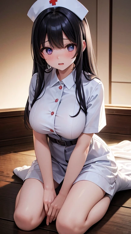 8K, anime style, masterpiece, high quality, highres, best quality, highres, 1girl, disheveled hair, illustration, focus on face, simple background, long hair, shrine maiden, stockings, black hair, hair between eyes, calm, long bangs, ponytail, hair tie, crimson red eyes, large breasts, very long hair, breasts, perfect face, perfect legs, add_detail:1