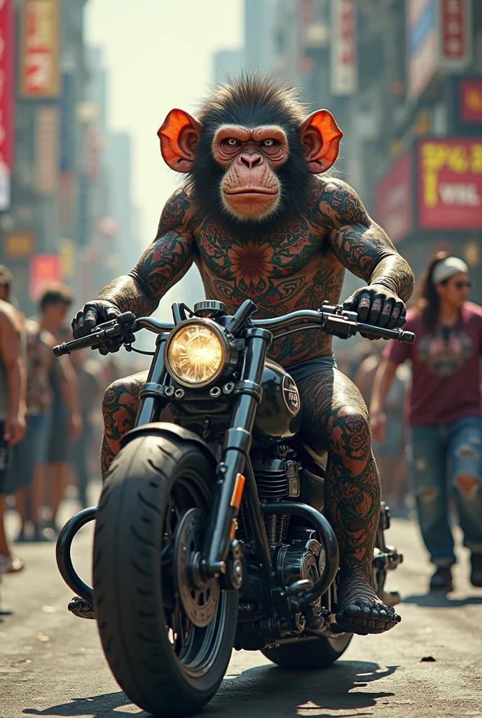 ((best quality)),((ultradetailed)), ((masterpiece)), illustration,

Scene structure: Animal-personified monkey as a gangster, with a monkey face and human body. He has a muscular build and tattoos on his body. He rides a motorcycle in the city, with tall buildings behind him and neon lights flashing.

Prompt composition: Monkey-gangster, animal-personification, motorcycle-riding, tattooed-body, muscular-build, city-scape, tall-buildings, neon-lights