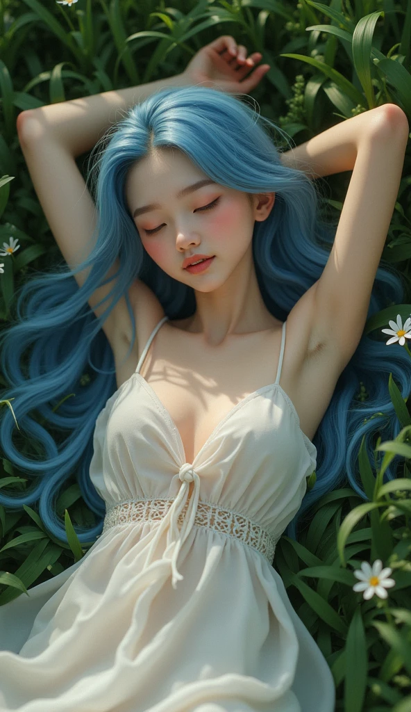 One beautiful fairy with a、((On your back))、(Sleeping)、big breasts、light blue hair、Upper body、close up of face、Lustrous lips、Beautiful eyelashes、afternoon library、sunlight filtering through the foliage、high resolution、mysterious、high resolution