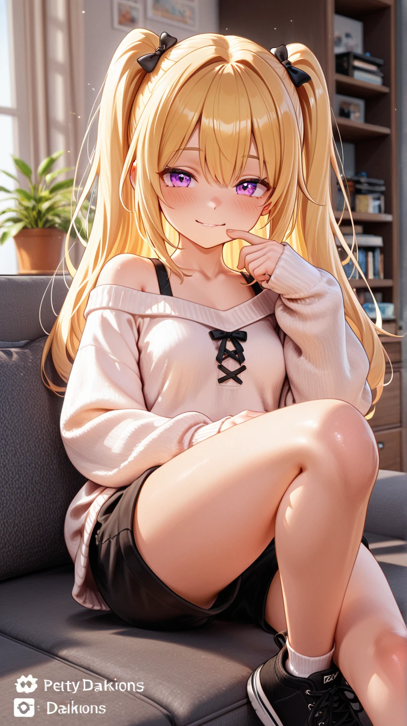 (masterpiece, best quality:1.4), 8k, full body, blonde ponytail Hair, Messy Hair, Young adult, anime girl, Smiling, Happy, light purple Eyes, Big chest, red shirt, black tight short pants, (detailed eyes and face, sharp pupils, realistic pupils:0.6), ass, breast, thighs, NSFW,