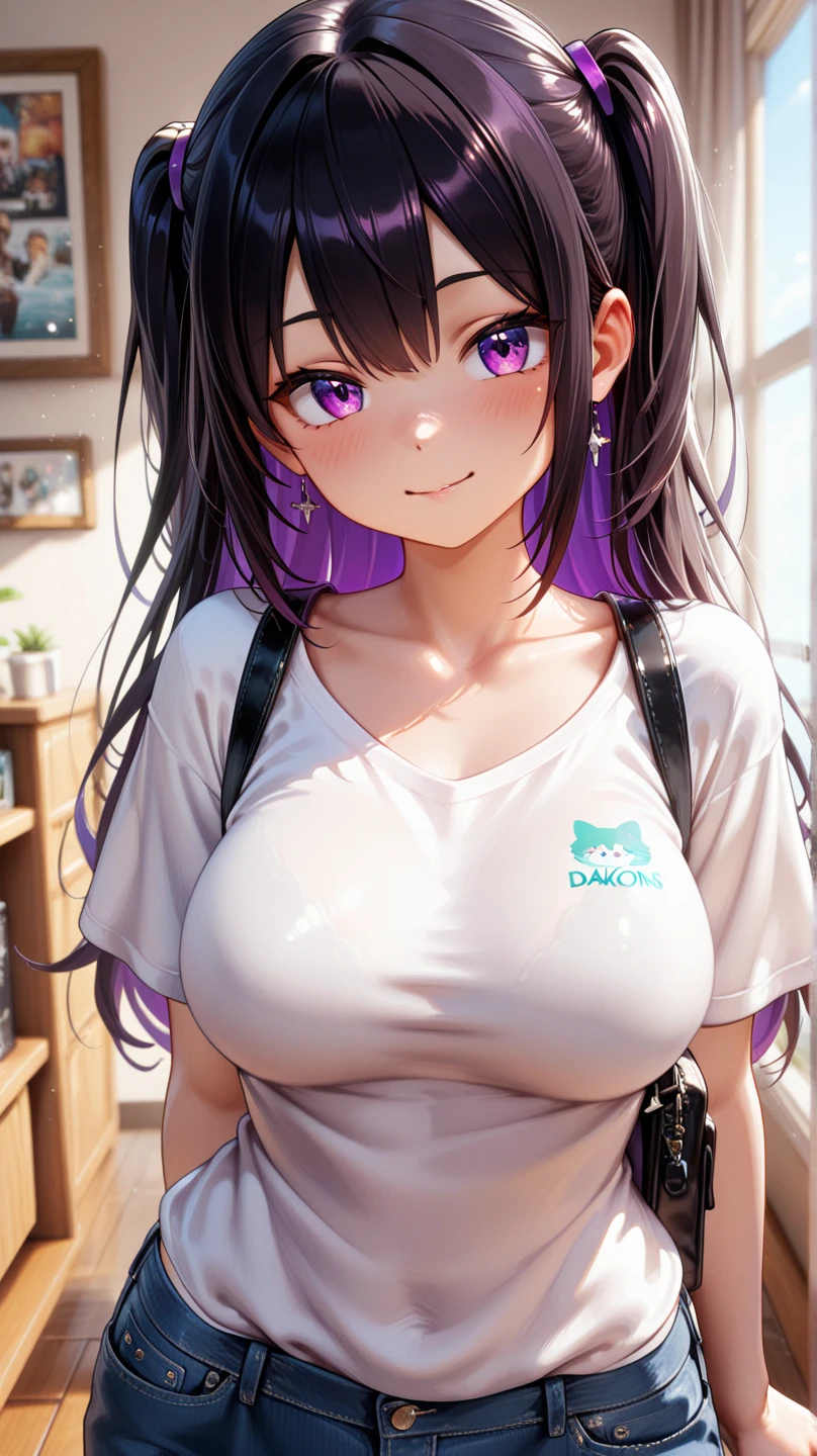 Cat ear girl,Twin tails,Purple Hair,Yandere,Cat T shirt,panties,Lora:1.3,masterpiece,perfection,Super detailed,best quality,super fine illustration,8k,dynamic scene,perfectionな手,perfectionな足,Upper Body,indoor,Geek Room,night,Beautiful Moon,beautiful background,Cat Pose