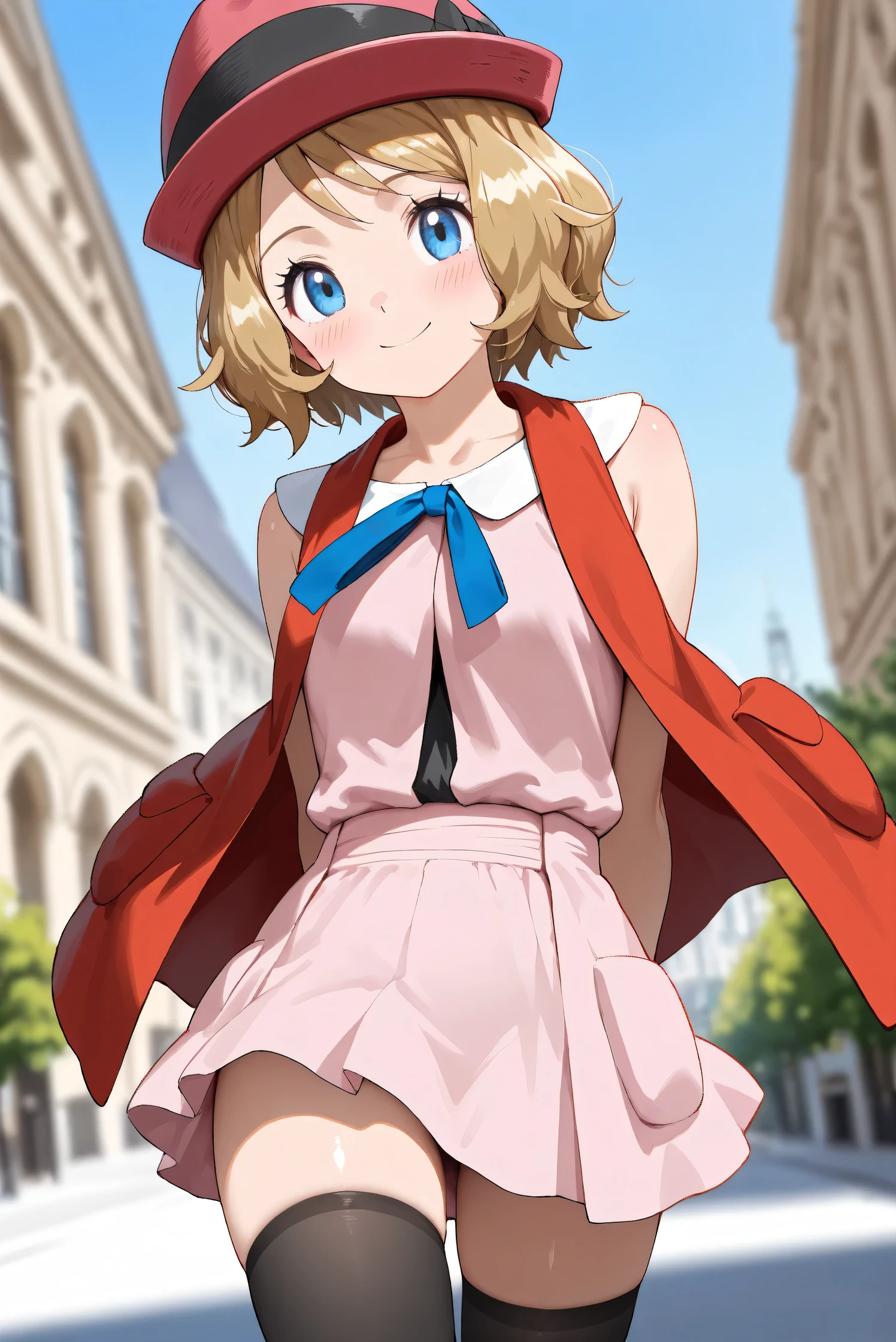 (Masterpiece), (Highest quality), (Very detailed),
(The best shape), (Best Shadow), (Absurd),
(Detailed background), (So beautiful), (Shiny),
(Extraordinary), (Countershading), (8k), (32K),
(High resolution), (Very Detailed CG), (UHD),
(Score_9), (Score_8_up), (Score_7_up), (Source_anime),
(Pastel painting:1.2), (Watercolor painting:1.2),
(Masterpiece, Detailed:1.2), (Foreshortening:1.2),
(Anime style),
(Cinematic), (Dramatic), (Depth of field:1.4),
(Blurry background:1.4), (Realistic background:1.4),
(Dynamic angle), (1 girl),
(Outdoor), (Wind), (Paris),
(cowboy shot), (Focus on face), (Close up shot),
(Blush:1.3), (Happy), (Smile),
(Arms behind back),
(Shiny skin),
serena \(pokemon\), 1girl, blue eyes, eyelashes, short hair, blonde hair,
hat, neck ribbon, blue ribbon, pink shirt, sleeveless, bare arms, red jacket, pink skirt, black thighhighs, boots,