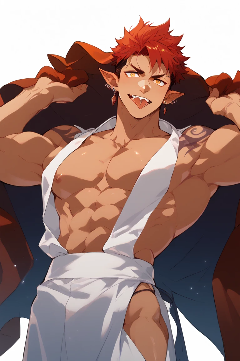 wilnas, granblue fantasy, (masterpiece:1.5), (best quality:1.5), (high quality:1.5), (solo:1.27), (muscular male:1.27), (bara:1.27), satisfaction, happy, pleasure, (dynamic angle:1.21),(dynamic hair:1.27),(detailed pupils:1.21),looking at viewer, (dynamic pose:1.15), (beautiful detailed hands:1.21), illustration, (cinematic light:1.15), ultra detailed, (disheveled hair:1.34), (big bulge:1.4), (large pectorals:1.3), pectoral cleavage, sidepec, (abs:1.3), (thighs:1.3), (bulky:1.2), novel_illustration, anime_screencap, (valentine:1.4), (apron:1.3), cooking flaming, chocolate, (fundoshi:1.5), flaming sword, explosion, male focus, fire, fiery wings, fiery hair, flame, pyrokinesis, breathing fire